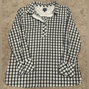 Talbots Womens 14 Petite Black Plaid Long Sleeve Button Classic Career Blouse